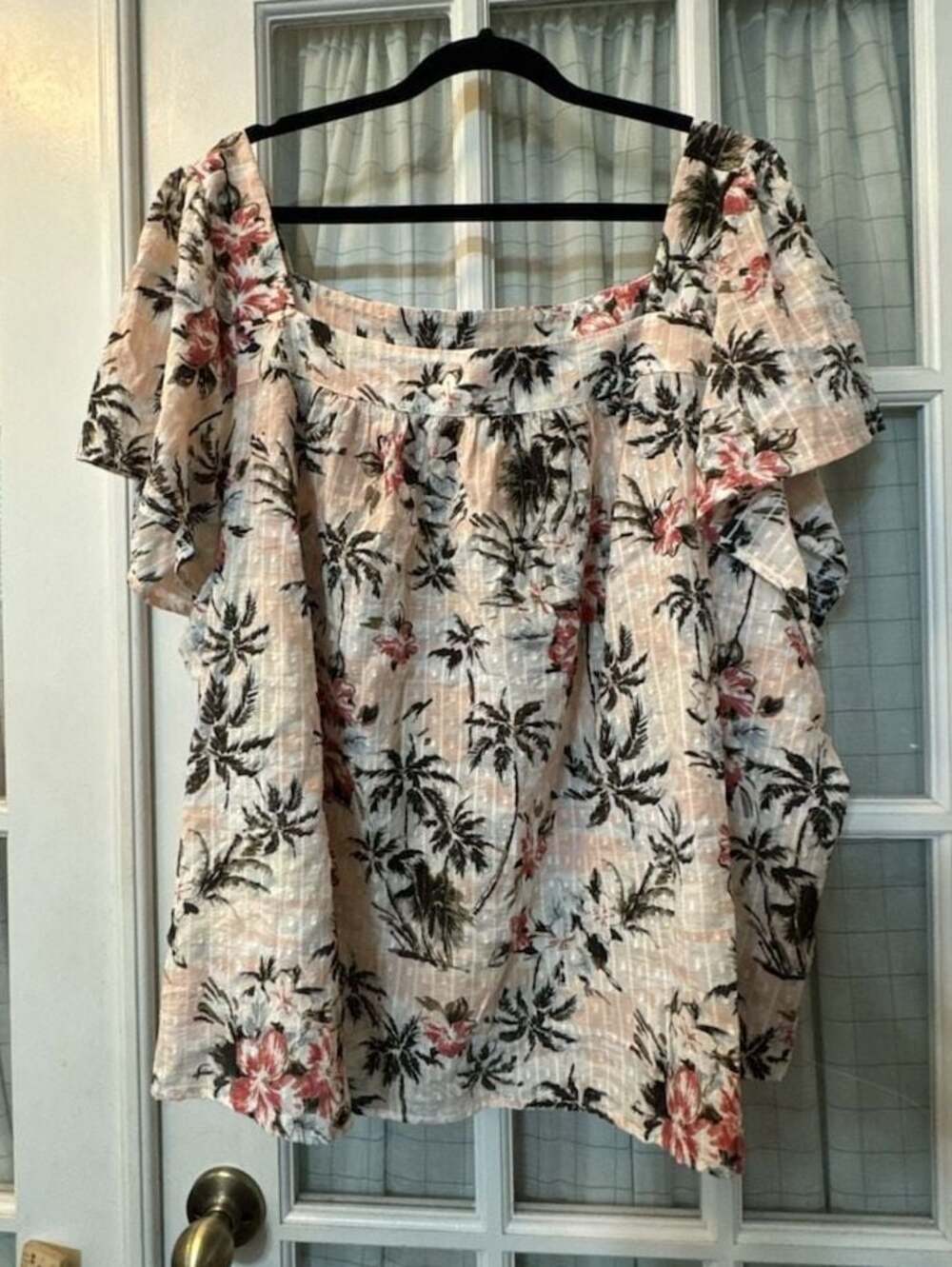 Torrid Clip Jacquard Square Neck Flutter Sleeve Blouse Tropic Palm Trees